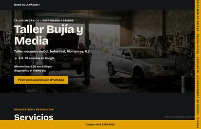 Página de demostración de Taller Bujía y Media, taller mecánico en Monterrey